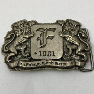 Vtg pewter lions " 1981 making good great" F western cowboy 3 1/2" belt buckle
